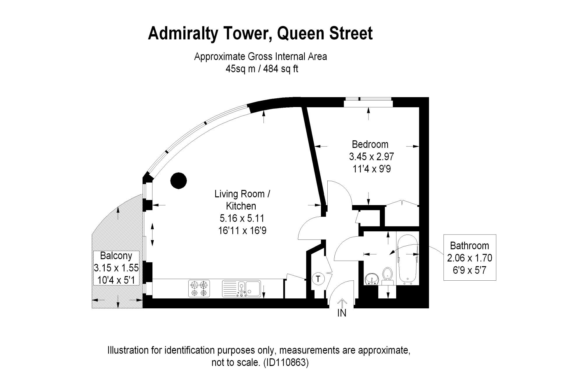 Floorplan of 1 bedroom Flat to rent, Admiralty Tower, Queen Street, Hampshire, PO1